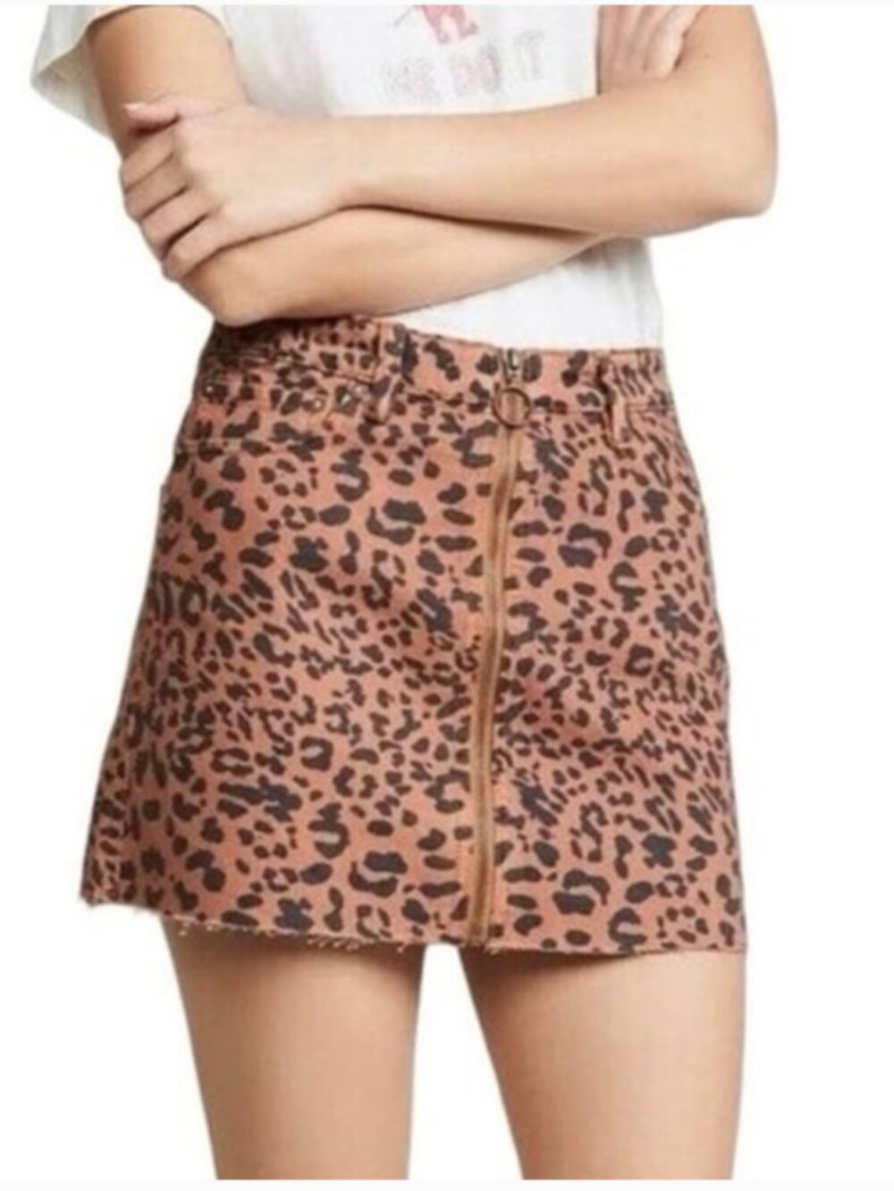 We The Free Free People Full Zip Raw Hem Leopard Boho Y2K Mini Skirt Size 28